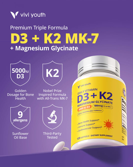 Vitamin D3 K2 5000 IU with Magnesium Glycinate – Bone, Heart & Immune Support