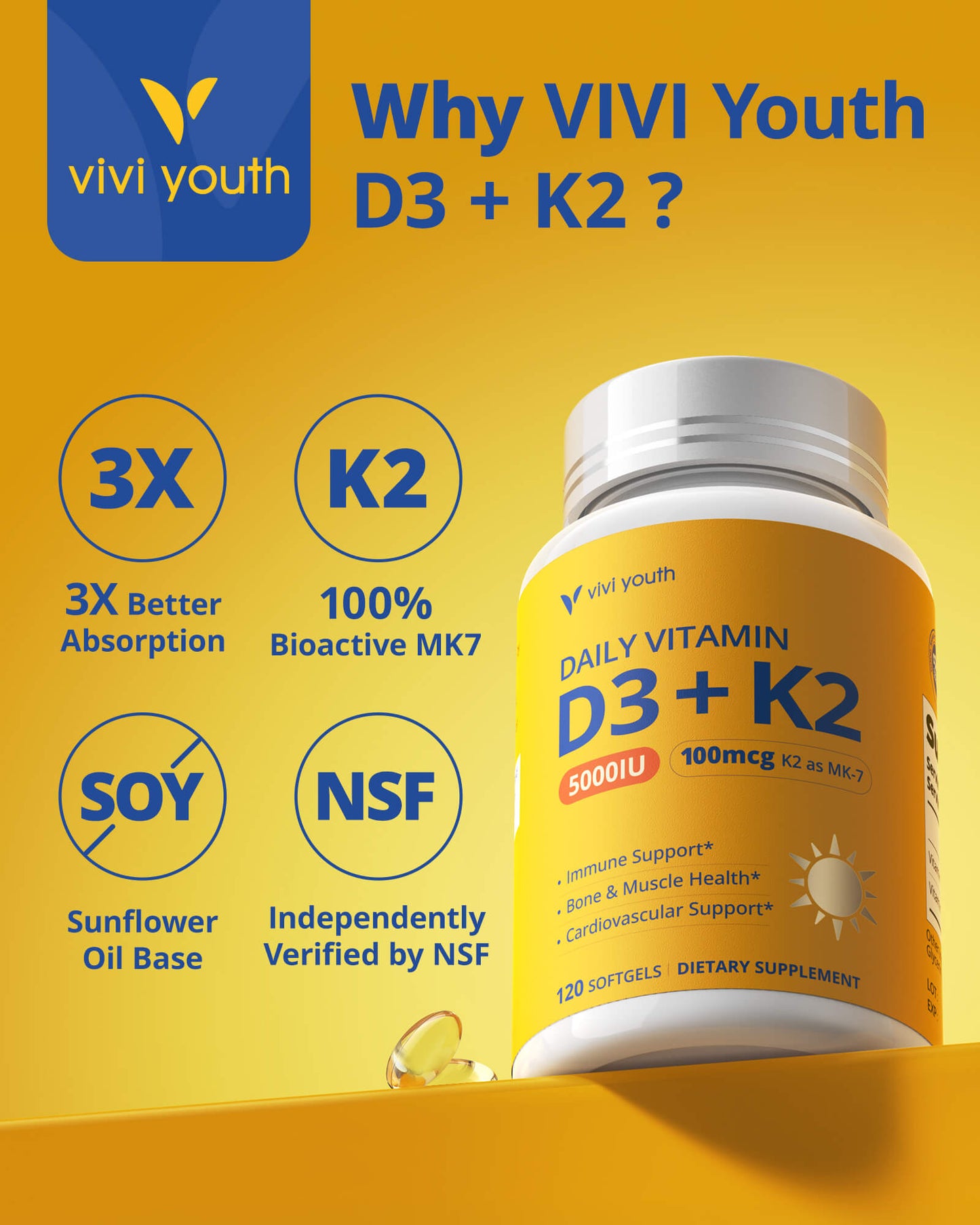 Vitamin D3 K2 Supplement, Vitamin D3 5000 IU & K2 as MK-7 100 mcg