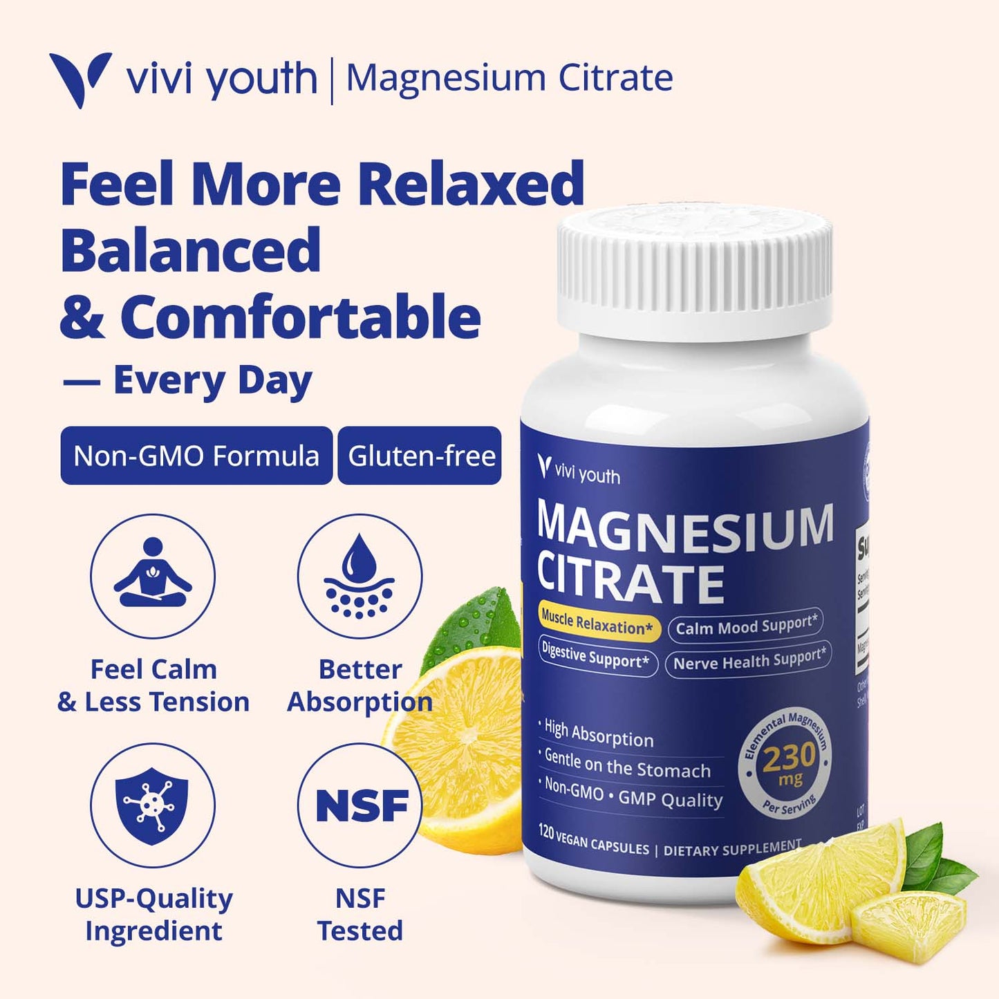 Magnesium Citrate 230mg Capsules 120 Count, High Absorption Magnesium Supplement