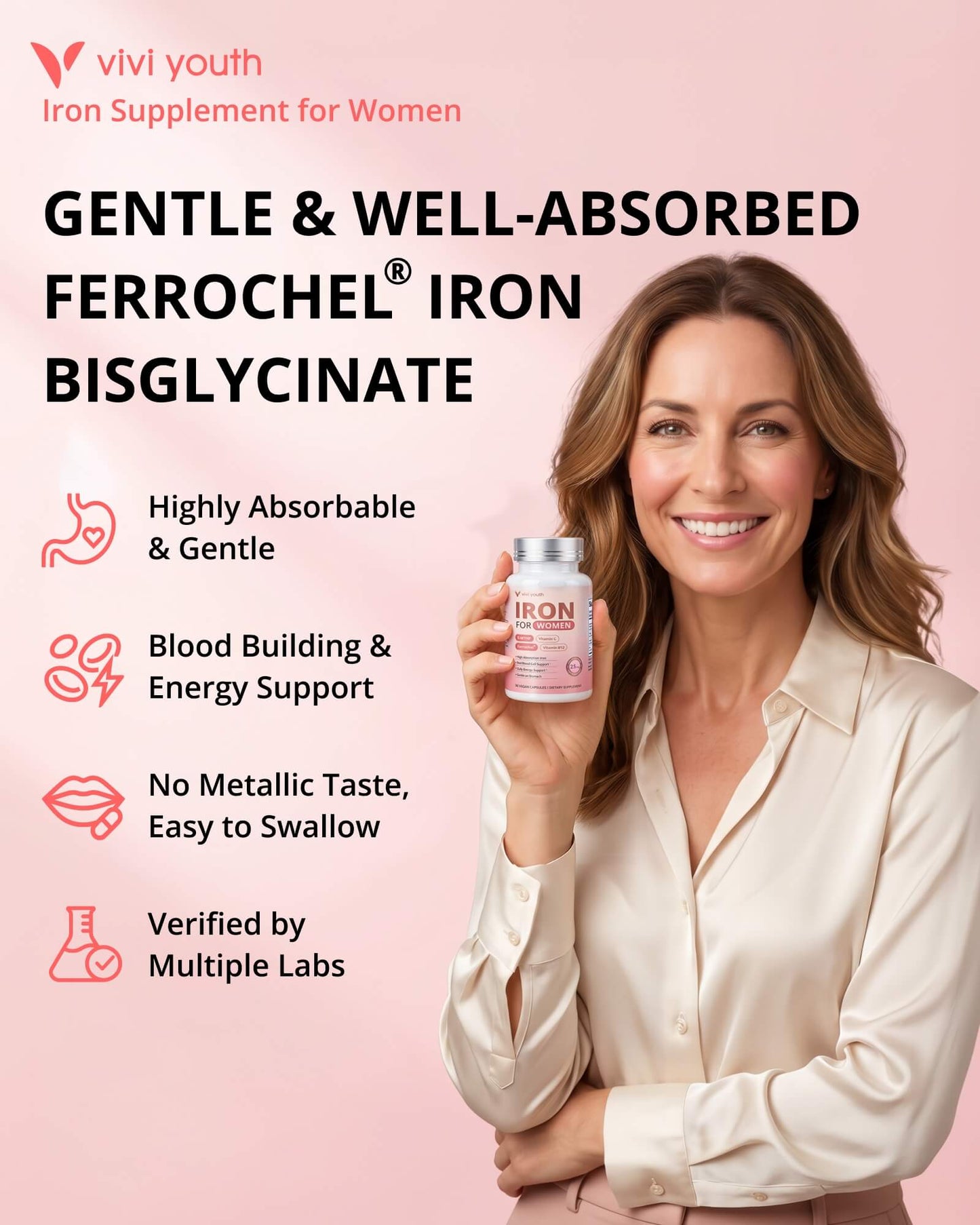 Gentle Iron Supplement for Women - High Absorption Ferrochel® Iron Bisglycinate with Vitamin C, B12 & Folate