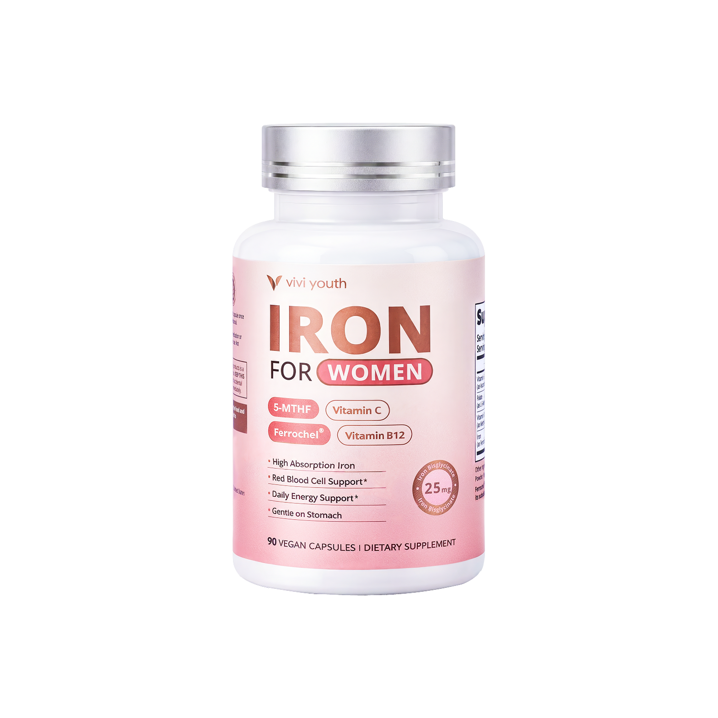 Gentle Iron Supplement for Women - High Absorption Ferrochel® Iron Bisglycinate with Vitamin C, B12 & Folate
