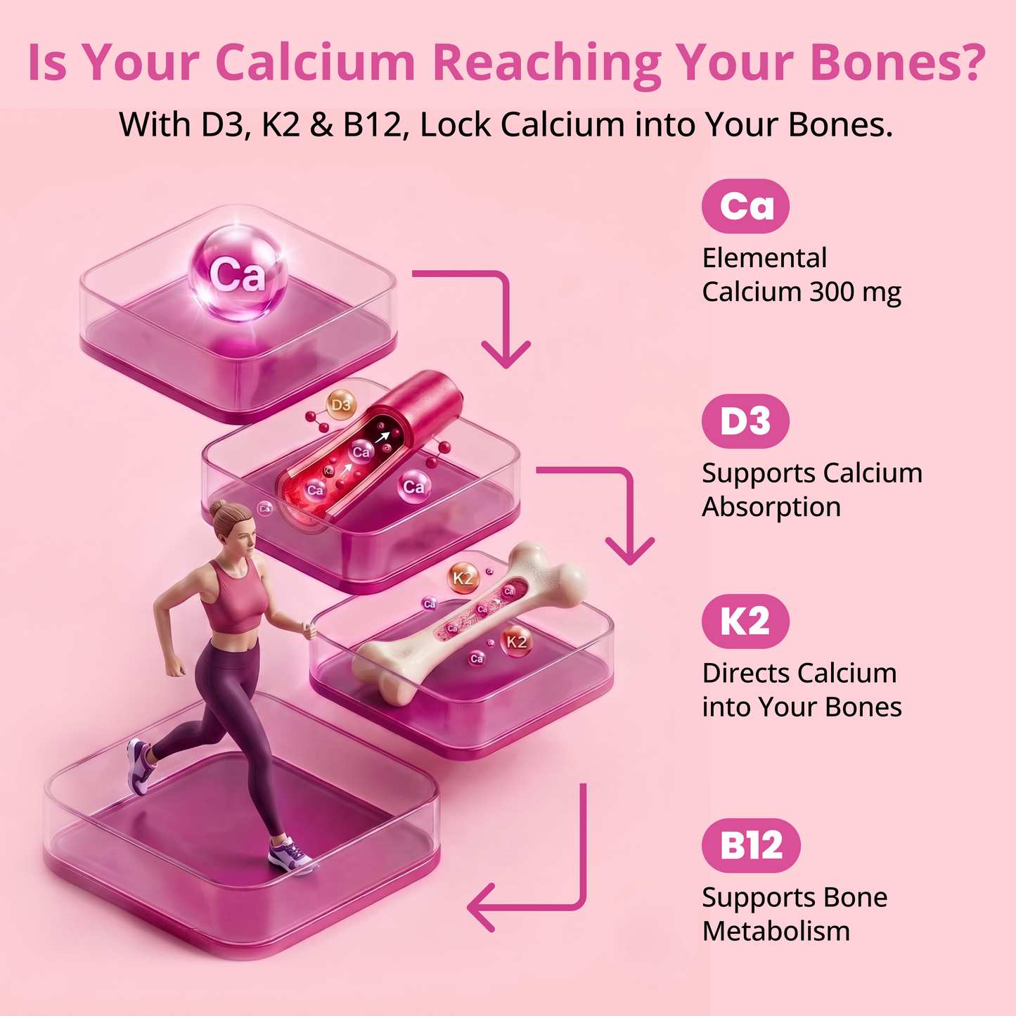 Calcium Supplements for Women, 1200 mg with Vitamin D3 K2, B12