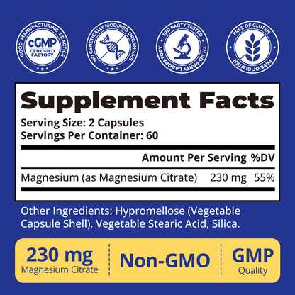 Magnesium Citrate 230mg Capsules 120 Count, High Absorption Magnesium Supplement