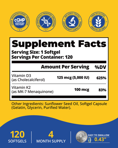 Vitamin D3 K2 Supplement, Vitamin D3 5000 IU & K2 as MK-7 100 mcg
