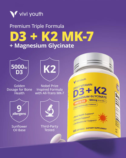 Vitamin D3 K2 5000 IU with Magnesium Glycinate – Bone, Heart & Immune Support