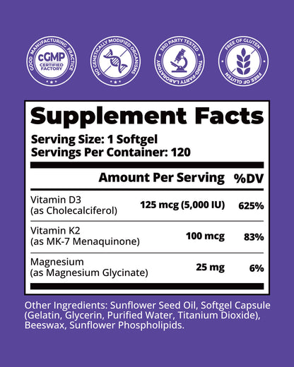 Vitamin D3 K2 5000 IU with Magnesium Glycinate – Bone, Heart & Immune Support